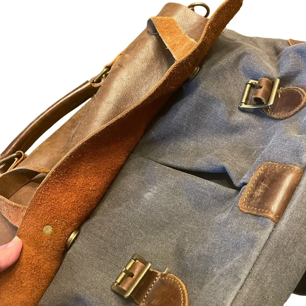 Life Wit Messenger Laptop Bag Leather Canvas Gray Brown Brass Rugged 16x12x4